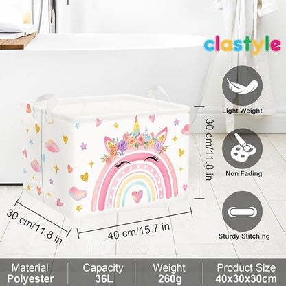 Clastyle Adorable Rainbow Laundry Basket Kids Clothes Book Storage Basket Gift Toy Box for Bedroom Decor,Unicorn,40x30x30 cm
