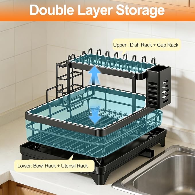 2-Tier Stainless Steel Dish Drying Rack with Drainboard - Utensil & Cutting Board Holder, Kitchen Counter Organizer Dish Drainer for Plates Bowls Cups Silverware, Space-Saving Functional, Matte Black