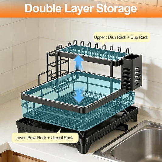 2-Tier Stainless Steel Dish Drying Rack with Drainboard - Utensil & Cutting Board Holder, Kitchen Counter Organizer Dish Drainer for Plates Bowls Cups Silverware, Space-Saving Functional, Matte Black