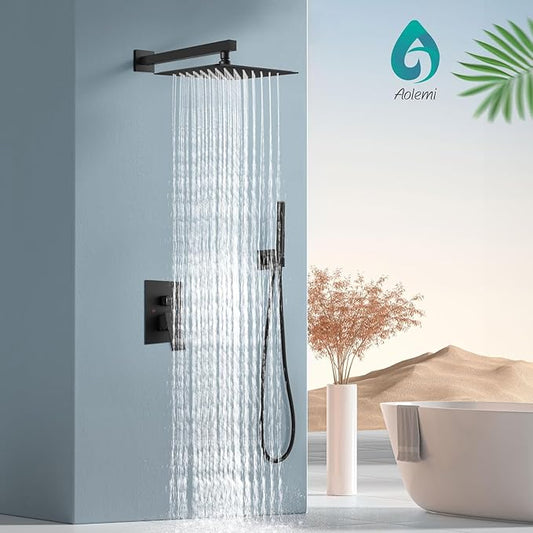 Aolemi Shower Faucet Set, High Pressure Shower System with 2-in-1 Handheld Sprayer, Wall Mount Fixture Combo with Rough-in Valve, 10 Inch Shower Head, Matte Black