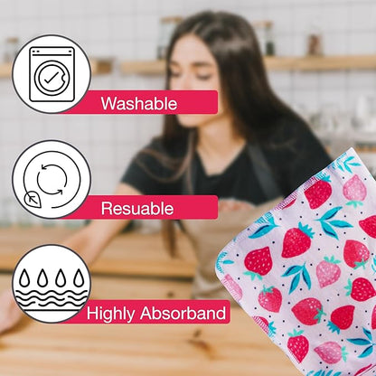 Pack of 10 Reusable Paper Towels | 10x10 Inch Cotton Towels | Kitchen Utensils Print | Eco Friendly, Washable, Quick Drying | Sustainable Cleaning Cloths | Strawberries