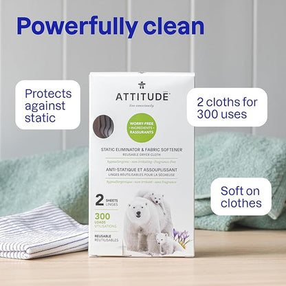 ATTITUDE Reusable Dryer Sheets, Static Eliminator & Fabric Softener, Fragrance-Free Laundry, Made in Canada, 300 Loads, 2 Sheets (1 Pack)
