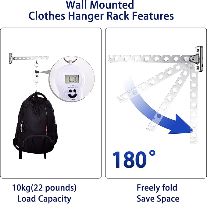 Wall Mounted Clothes Drying Rack 2 Pack, Laundry Hanger Dryer Rack Stainless Steel Folding Clothes Hanger Organizer for Laundry Room, Retractable Wall Hanger Space Saving Drying Rack for Clothes