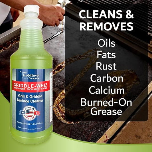 Griddle-Whiz Flat Top Grill Cleaning Kit - 4-Pack Griddle Cleaner w/ Scraper Tool & Pumice Stone for Tough Grease, Food Residue & Buildup on Griddles & Flat Top Grills - by FryOilSaver (32oz Bottles)
