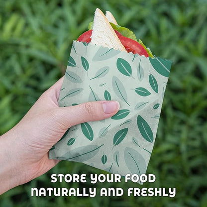 Akeeko Reusable Beeswax Food Wraps - Assorted 9 Packs, Reusable, Plastic-Free Food Storage, 5 Small, 2 Medium, 1 Large, 1 Extra Large Wraps with Boho Leaves Pattern