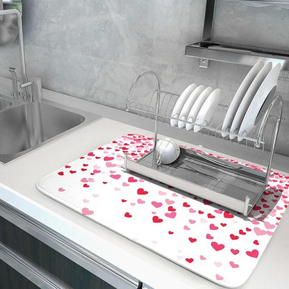 Valentine's Day Dish Drying Mat for Kitchen Counter Love Heart Kitchen Dish Drying Pad 18”x24” Absorbent Reversible Happy Valentine Dishes Drainer Pad Dish Drying Rack Mat for Countertop