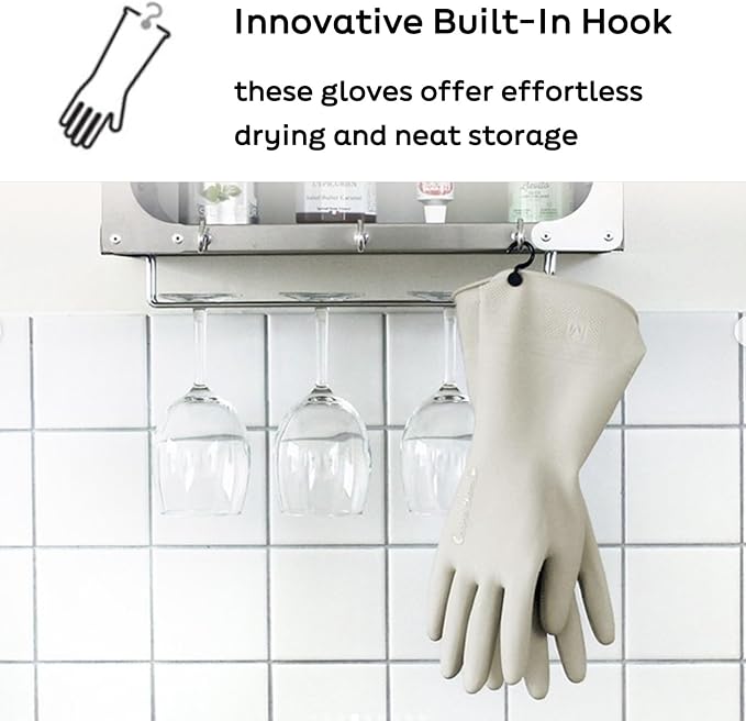 Myungjin 2 Pairs Reusable Waterproof Non-Slip Honeycomb Grip Latex Rubber Gloves with Hang-Dry Hooks/Hanging Loops for Dishwashing Household Cleaning Cooking (Large OverFit)