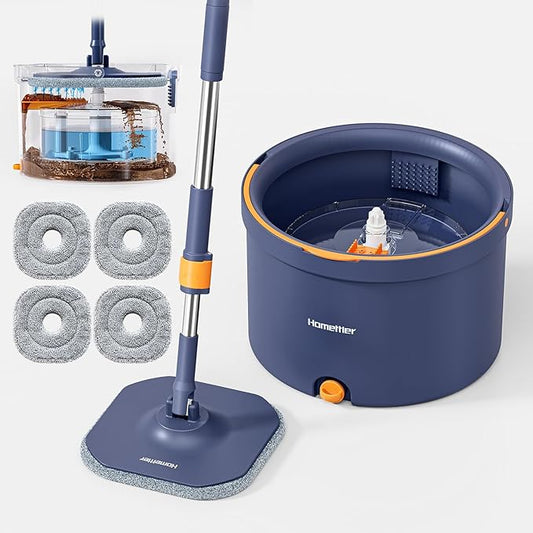 Spin Mop and Bucket Set, Mop Bucket with Separate Dirty Water System, Deep-Cleaning Mops for Floors/Wall, Versatile Mops with 4 Microfiber Mop Pads