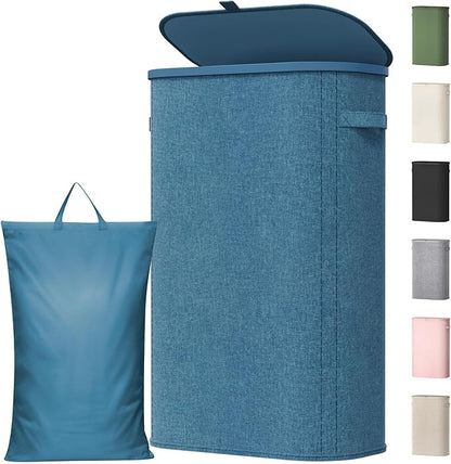 Lifewit 65L Slim Laundry Basket with Lid, Narrow Large Laundry Hamper with Plastic Handles and Removable Bag, Tall Foldable Dirty Clothes Hampers for Laundry Room, Bedroom, Bathroom, Dorm, Dark Blue