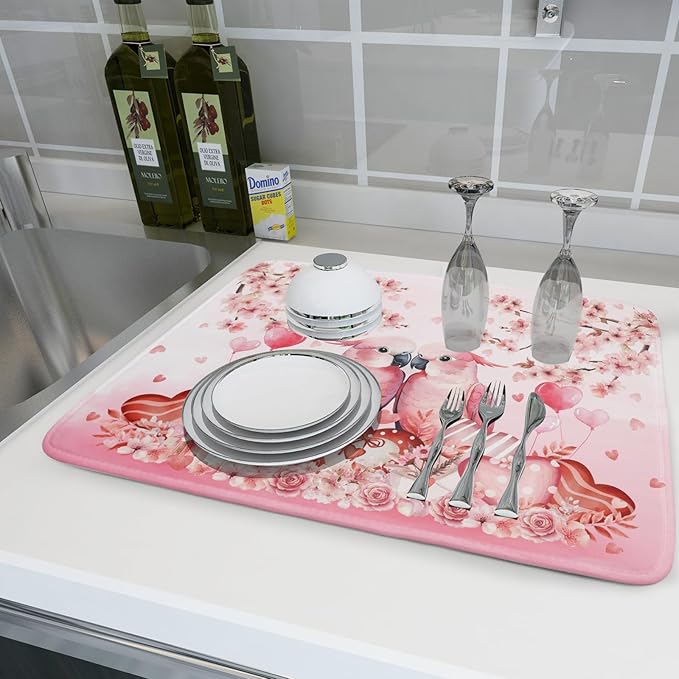 Red Bird Dish Drying Mat Large Absorbent Microfiber Dish Drying Pad for Lover Holiday Decor