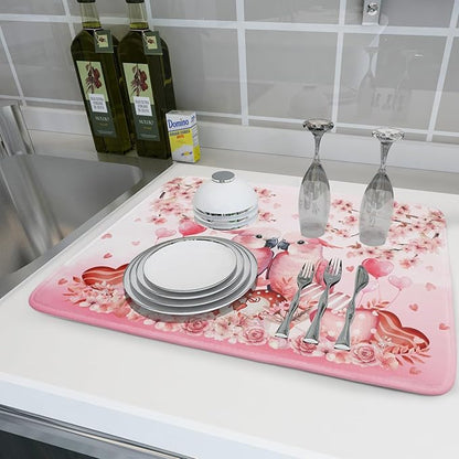 Red Bird Dish Drying Mat Large Absorbent Microfiber Dish Drying Pad for Lover Holiday Decor