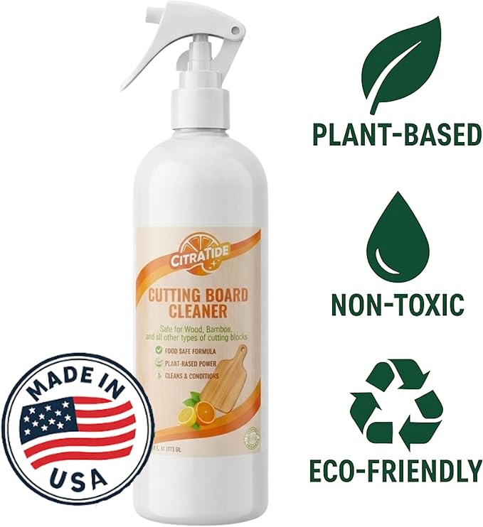 Cutting Board Cleaner Spray – Food Safe Cleaner & Conditioner for Wood, Bamboo, plastic cutting boards & Butcher Blocks – Plant-Based Citrus Power, Non-Toxic, USA Made (16 fl oz)