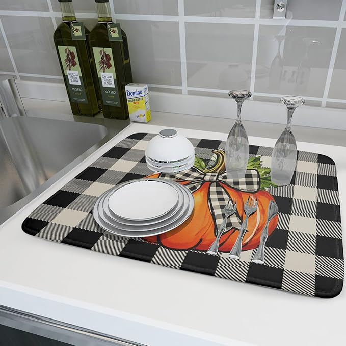 Fall Thanksgiving Pumpkin Dish Drying Mat for Kitchen Counter 18x24 Autumn Buffalo Plaid Bowknot Print Absorbent Reversible Microfiber Drying Mats Kitchen Countertop Protector Dishes Drainer Pad