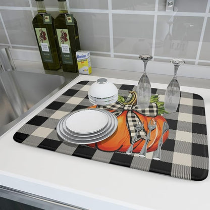 Fall Thanksgiving Pumpkin Dish Drying Mat for Kitchen Counter 18x24 Autumn Buffalo Plaid Bowknot Print Absorbent Reversible Microfiber Drying Mats Kitchen Countertop Protector Dishes Drainer Pad