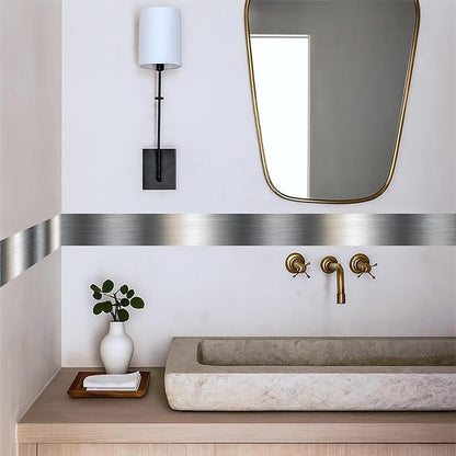 Metallic Stripe Wallpaper Border 196x4 Inch Peel and Stick Wall Border Silver Grey Brushed Metal Pattern Removable Vinyl Wall Trim for Kitchen Bathroom Living Room Office Decor