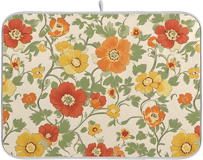 Retro Yellow Orange Flowers Dish Drying Mat for Kitchen Counter Absorbent Microfiber Drying Pad, Large 18x24 in, Reversible Drainer Mats