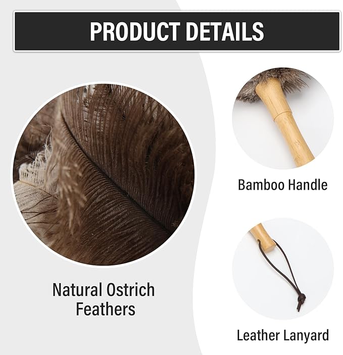 Feather Duster, Ostrich Feather Duster 16 Inch, Fluffy, Reusable, Eco-Friendly Natural Ostrich Feathers with Wooden Handle for Home, Car, and Office Cleaning(16 in)