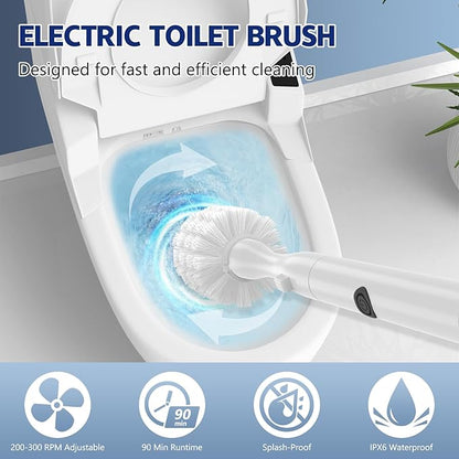 Electric Toilet Brush and Holder Set, Electric Toilet Bowl Brush, Toilet Brush Cleaner Set with 5 Refills Disposable Cleaner Brush, Floor Standing, Wall Mounted Without Drilling, Rechargeable, White