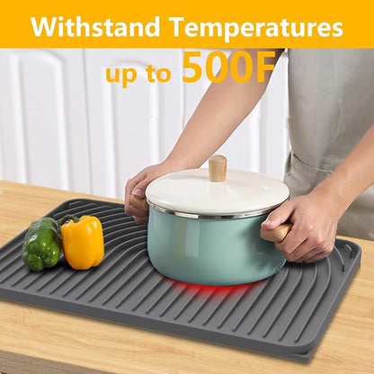Silicone Drying Mat for Kitchen Counter , Dish Drying Rack Matt with Built in Drain, 18 Inch Dry Mats for Dishes Drying Pad for Kitchen Counter (18×12inch, gray)