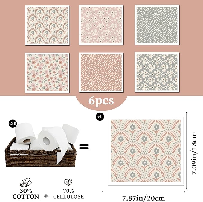 Reusable Swedish Dishcloths for Kitchen, 6 Pack Boho Floral Swedish Dish Cloths, Absorbent Flower Designs Sponge Cleaning Towels Wipes for Kitchen Cooking Home Decoration Housewarming Gifts