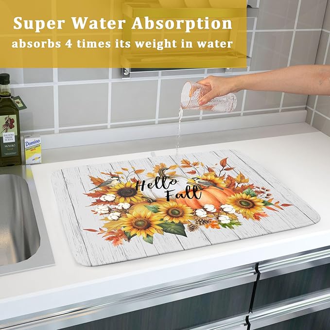 Hello Fall Sunflowers Dish Drying Mat for Kitchen Counter,Autumn Pumpkin Maple Leaves Drying Mat 18 x 24 Inch with High Absorbent Microfiber Dish Drying Drainer Mat for Coffee Bar