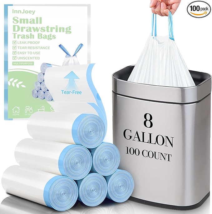 100 Count Small Drawstring Trash Bags for 8-Gallon (30 L) Trash Cans,Thick Pre-separated Garbage Bags,Mini Wastebasket can Liners for Bathroom Bedroom Office(White)