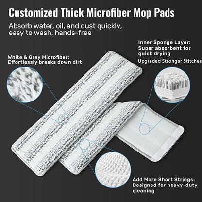Mop and Bucket Set, 3-Tank Flat Mop and Bucket System for Separate Dirty & Clean Water, 65" Mops for Floor Cleaning with 4 Washable Pads, Safe for Hardwood, Vinyl, Tile, Baseboards, Walls