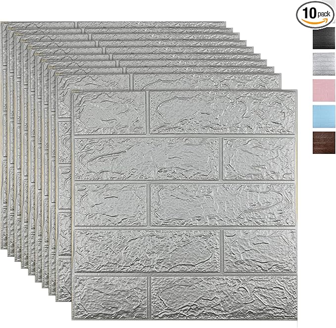 10 PCS Silvery 3D Wall Panels, 14.5 sq.feet Coverage, Printable Wallpaper Sticker with Self-Adhesive Waterproof Brick PE Foam Wall Panels Peel and Stick for Interior Wall Decor, Home Decoration