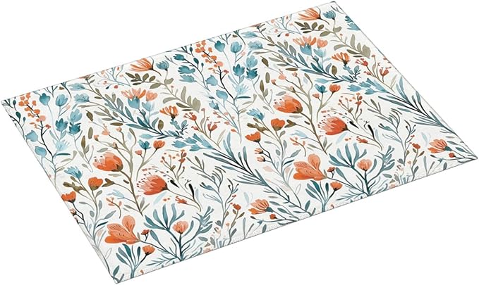 Burnt Orange Teal Floral Dish Drying Mats for Kitchen Counter & Sink, 18" x 24" Absorbent Microfiber Cute Drying Pad for Dishes, Washable Foldable Teal and Orange Dishes Drainer Mats, Boho Home Decor