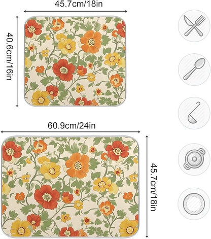 Retro Yellow Orange Flowers Dish Drying Mat for Kitchen Counter Absorbent Microfiber Drying Pad, Medium 16x18 in, Reversible Drainer Mats