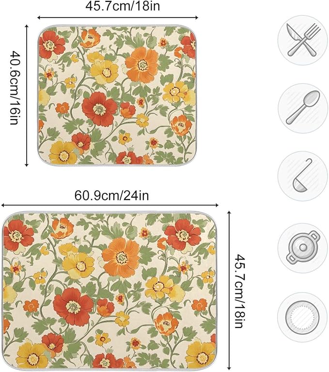 Retro Yellow Orange Flowers Dish Drying Mat for Kitchen Counter Absorbent Microfiber Drying Pad, Large 18x24 in, Reversible Drainer Mats