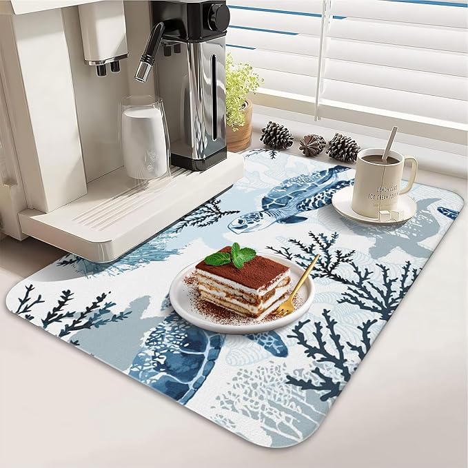 Dish Drying Mat for Kitchen Counter 2 Pack with Non-Slip Rubber Backing - Heat-Resistant Absorbent Coffee Bar Mat, Dish Rack Mat, Sea Turtle Dish Drying Mats 18x24+19.5x12 inch