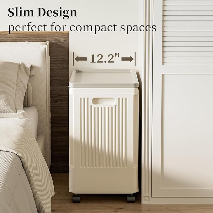 HAIXIN HOME Slim Rolling Laundry Hamper with Lid, 60L Foldable Plastic Laundry Basket on Wheels with Handle, Dirty Clothes Hamper Cart for Narrow Spaces, Bedroom, Bathroom, Closet, Dorm, Under Table