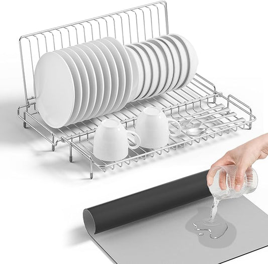 Dish Drying Rack Stainless Steel Collapsible Foldable Small Dish Rack Countertop Portable Drainer with Drying Mat for Kitchen Dorm RV Campers Travel Trailer Space Saving