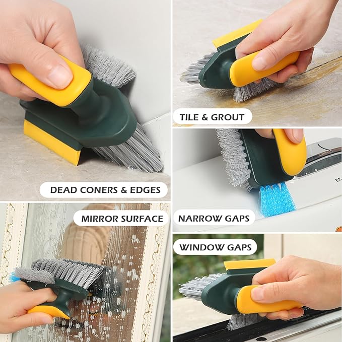 4 in 1 Grout Cleaning Brush with Scrape, V Shape Grout Cleaner Brush for Tile Floors, Tile Grout Brush with Stiff Bristles for Shower, Bathroom, Corner, Baseboard, Kitchen, Household - Green