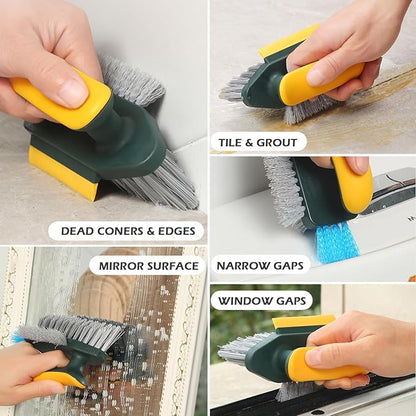4 in 1 Grout Cleaning Brush with Scrape, V Shape Grout Cleaner Brush for Tile Floors, Tile Grout Brush with Stiff Bristles for Shower, Bathroom, Corner, Baseboard, Kitchen, Household - Green