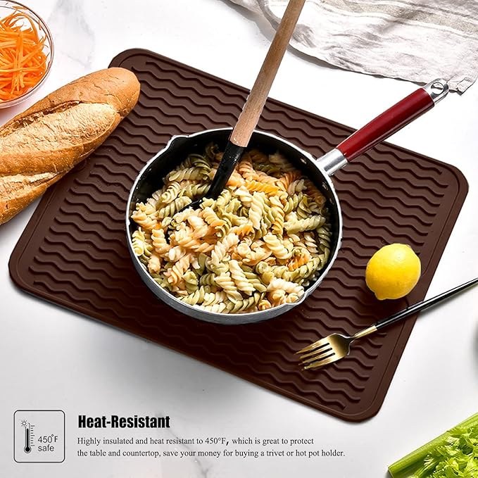 Large 17" x 14" Silicone Dish Drying Mat for Kitchen Counter, Easy clean, Quick Dry, Heat-resistant Dish Drainer Mat for Sink,Refrigerator or Drawer liner (Food Grade Silicone-Coffee)