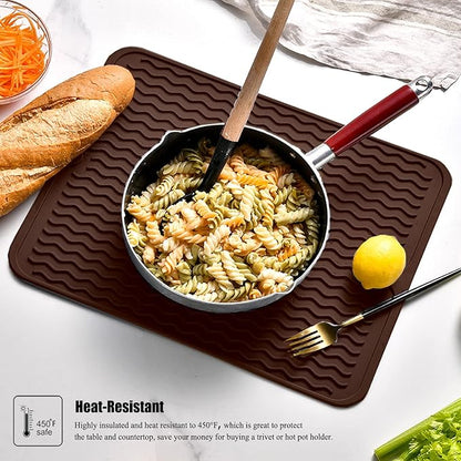Silicone Dish Drying Mat, Non-Slip Easy Clean Sink Mat Large Heat-resistant Dish Drainer Mat for Kitchen Counter, Sink, Refrigerator or Drawer liner (18" x 16", COFFEE)