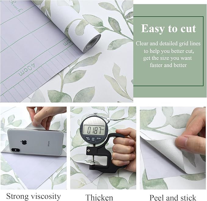 MelunMer Modern Leaf Peel and Stick Wallpaper Boho Green Contact Paper for Cabinets Self-Adhesive Removable Wallpaper for Bedroom Decor Botanical Contact Paper Bathroom Waterproof 787inL17.3inW
