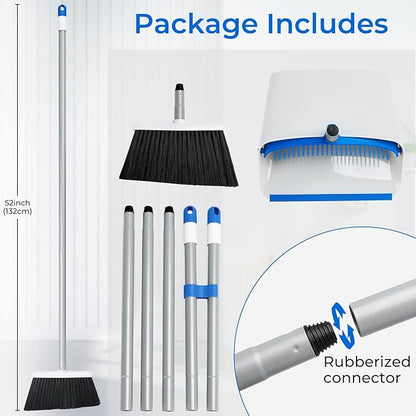 Broom and Dustpan Set with Long Handle 52", Standing Broom and Dust Pan Set for Home Kitchen Room Office Lobby Blue