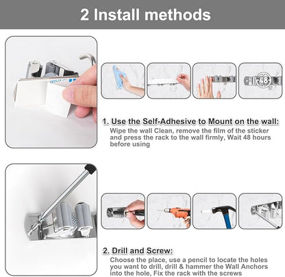 HANZENMA Broom Holder Wall Mount, Broom Organizer Wall Mount Stainless Steel Broom and Mop Hanger Heavy Duty Storage Organization for Home Kitchen Garden Garage Room 5 Racks 4 Hooks