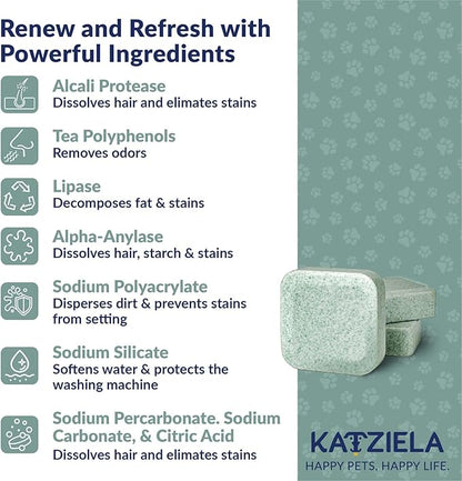 Katziela Washing Machine Cleaner Tablets – 6 Pack (3-Month Supply) – Loosens Pet Hair & Eliminates Odors – Fragrance-Free Enzyme Formula – Safe for All Washers – HE Compatible & Septic Safe