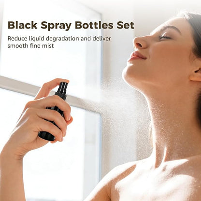 ZALIR 100 Pcs Black 1 oz Spray Bottles Set with Black Stickers and Funnels - 30ml Refillable Spray Bottles with Fine Mist Sprayer for Essential Oils, Bath, Beauty, Cleaning Solutions