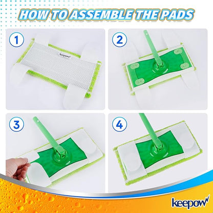 KEEPOW Reusable Mop Pads Compatible with Swiffer Sweeper – Washable Microfiber Floor Cleaning Refills for Wet & Dry Use – 10.6" x 5.1", 4 Pack