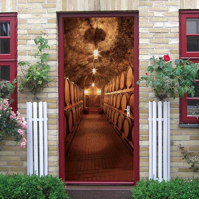 3D Door Stickers Murals - Peel and Stick Wine Cellar Theme Removable PVC Waterproof Poster for Bedroom & Living Room 37.4" x 78.7"