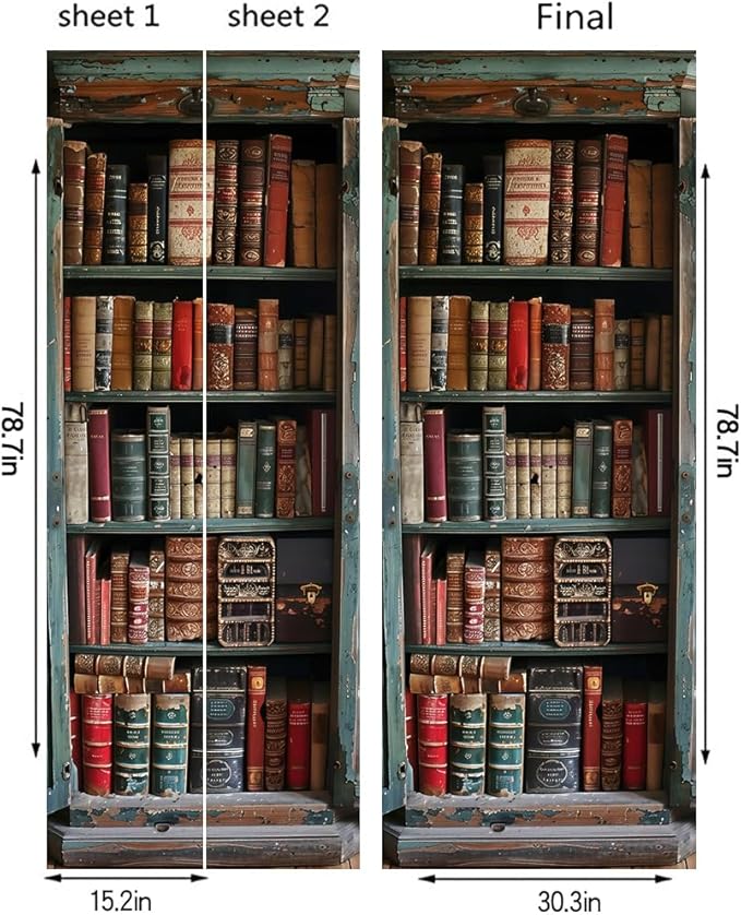 REDAMANCY Vintage Book Shelf Red Green Brown Antique Peel and Stick Door Stickers Vinyl 3D Door Mural Decals Decor Wallpaper Self-Adhesive, Waterproof, Removable