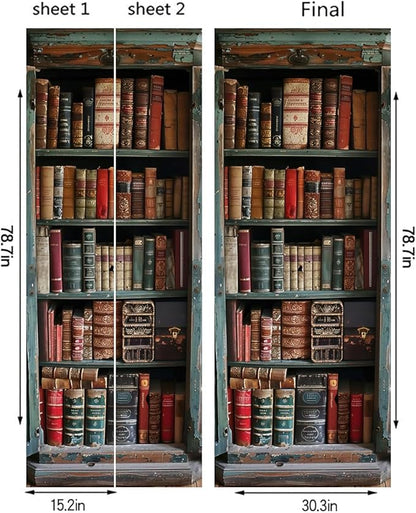 REDAMANCY Vintage Book Shelf Red Green Brown Antique Peel and Stick Door Stickers Vinyl 3D Door Mural Decals Decor Wallpaper Self-Adhesive, Waterproof, Removable