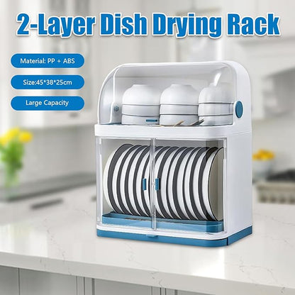 2-Layer Kitchen Dish Rack Drain Bowl Cup Plate Dish Drying Drainer with Cover