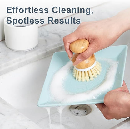 ONEMORE Bamboo Dish Brush with Ceramic Foaming Base, Kitchen Sink Scrub Brush Set with Spring and Mesh Insert, Wooden Handle Dishwashing Brush for Pots Pans Plates Bowls, White