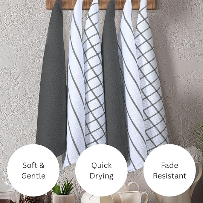 Assorted Waffle Kitchen Towels 100% Cotton Set of 6 - Heavy Duty 320 GSM Quality Dish Cloths Towel - Soft Absorbent Washable for Kitchen Use - Quick Drying Dish Towel 16x26 inch Grey